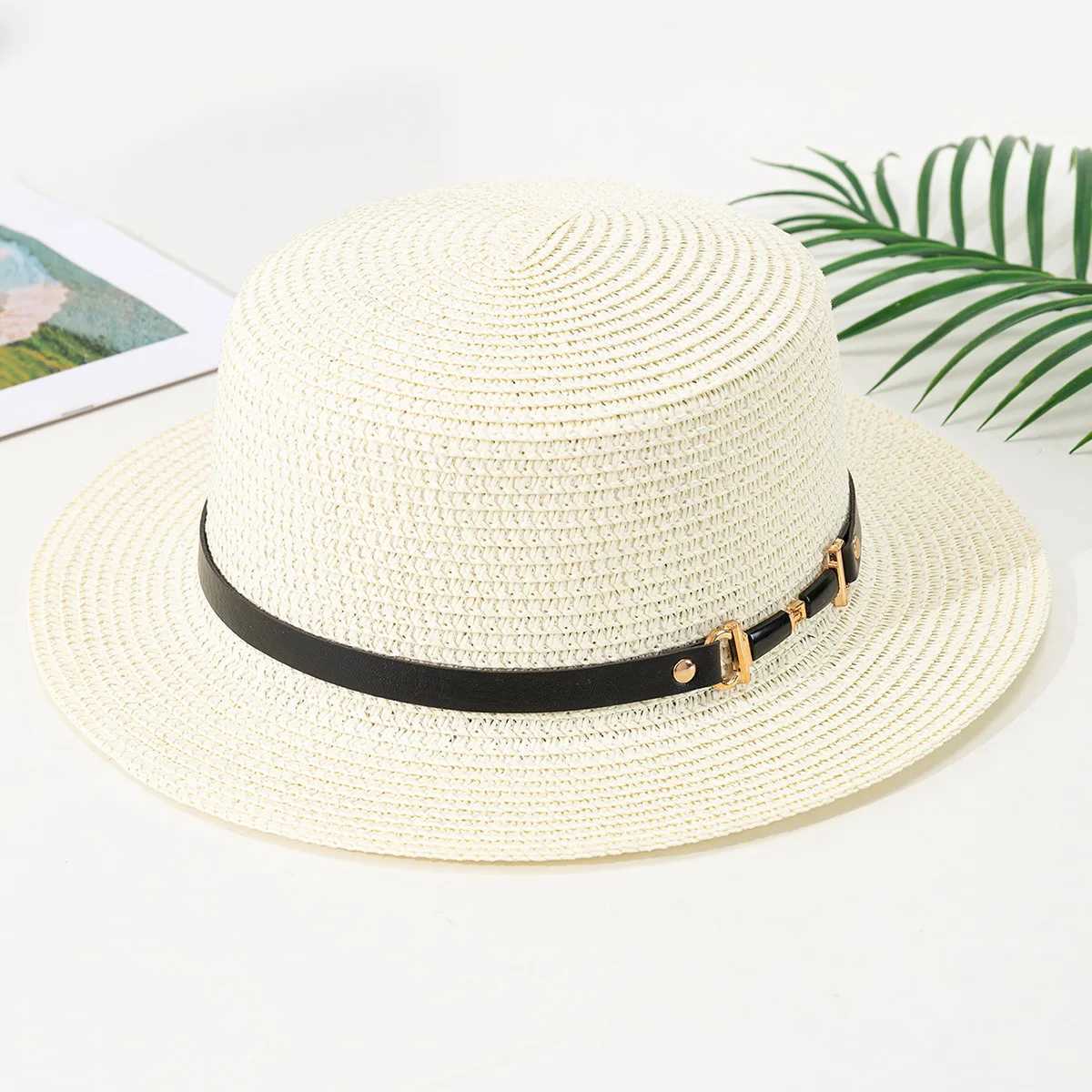 Geniş Memlu Şapkalar Kova Şapkaları Yaz Str şapkası kadınlar şık Str Str Dokuma Güneş Gölge Şapka Düz İngiliz Retro Retro Sun Koruma Şapkası Seyahat Plajı Şapk J240425