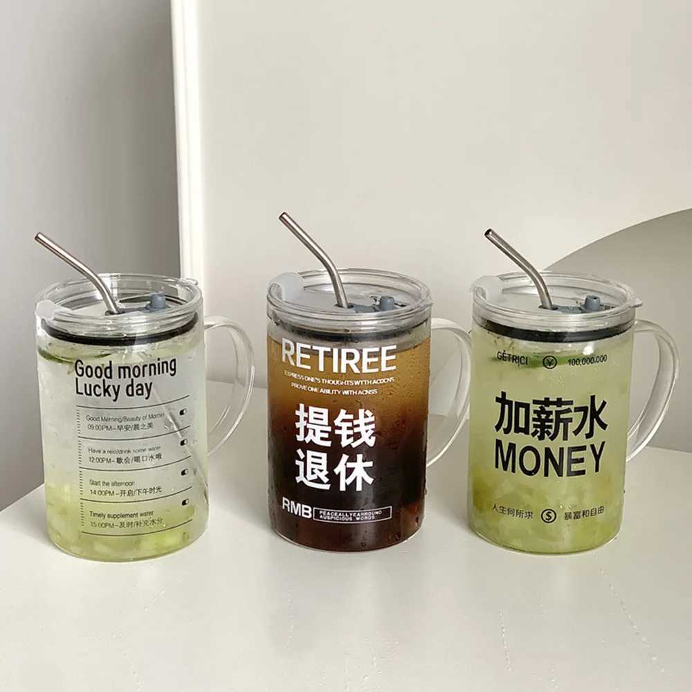 Tumblers 1000ml large capacity glass Ins style milk cup with cover and straw transparent foam tea coffee drink dessert H240425