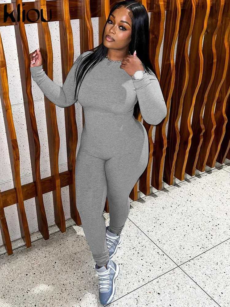 Women's Jumpsuits Rompers kliou Casual Basic Jumpsuits Women Concise Autumn Full Slve O-neck Body-shaping Overall Solid Sporty Daily Lady Classic Cloth Y240425