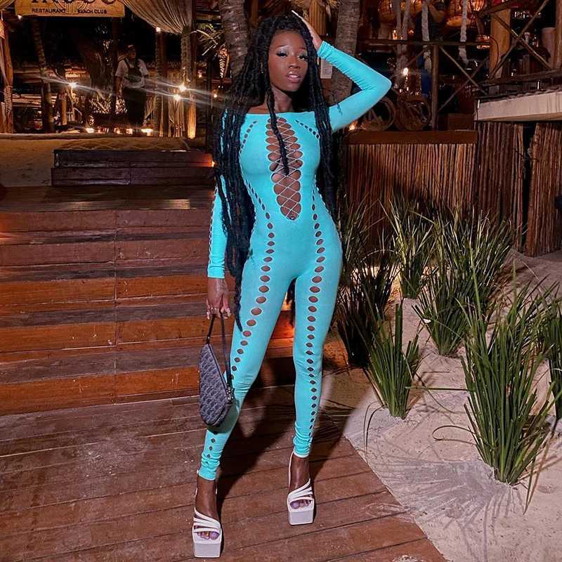 Women's Jumpsuits Rompers BUILDINGB Sexy Skeleton S Through Slashing Collar Full Slve Pants For Women Fashion Solid Jumpsuit Y240425