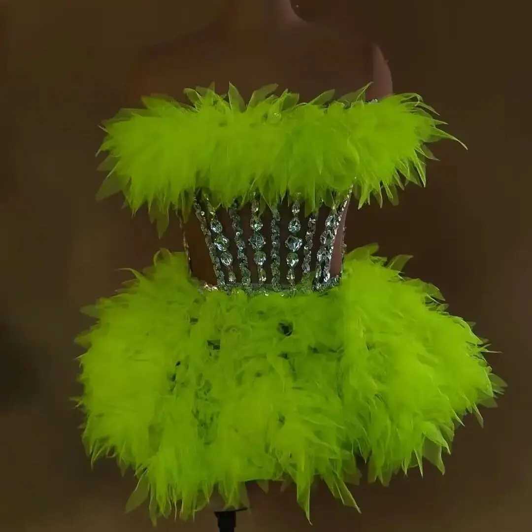 Bühnenbekleidung Strass -Pailletten Frauen mini sexy Kleid Khaki Glitter Dancer Sänger Showgirl Bühnenverschleiß Nachtclub Drag Kostüm D240425