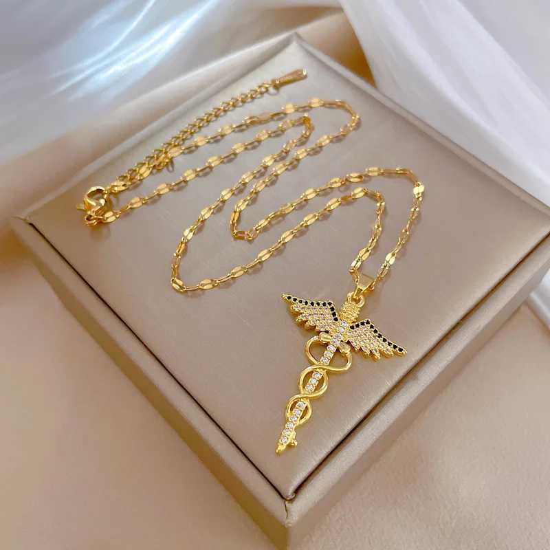 Pendant Necklaces Stailess Steel CZ Angle Wings Necklace Snake Ouroboros Magic Wand Caduceus Asclepius Necklaces Emergency Medical Movies Jewelry