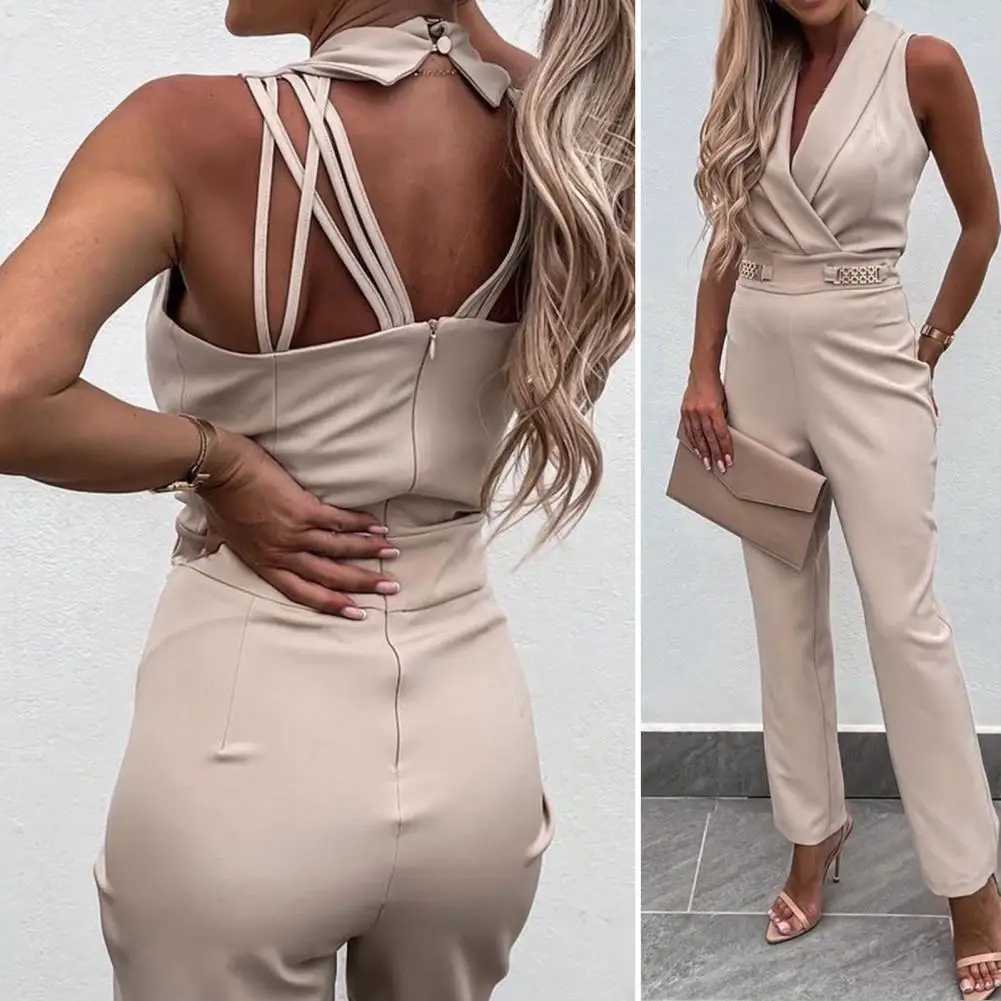 Women's Jumpsuits Rompers Sexy Slveless Jumpsuit Women Summer Rompers Solid Color Wide Leg Bodysuit Women Dp V Neck Halter Jumpsuit Combinaison femme Y240425