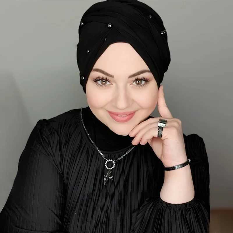 Hijabs muçulmana pérola branca modal hijab moda moda abaya hijabs para mulher abayas camisa de cabeça lenço de cachecol feminino Turbans Cap D240425