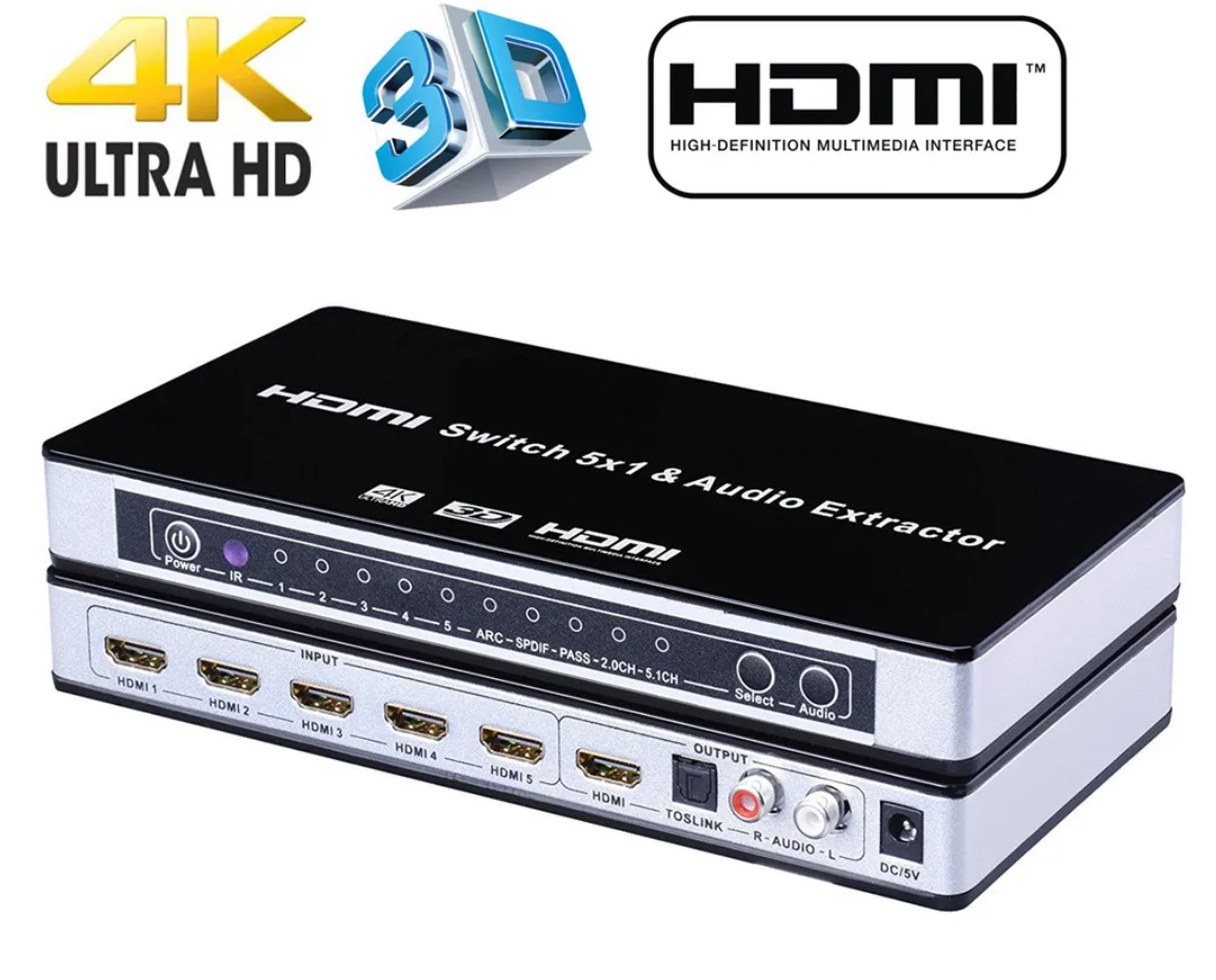HDMI Switch Switcher 5x1 HDMI Audio Extractor 4KX2K 3D Arc Audio EDID -instelling HDMI 1.4V HDMI Switch Remote 5 in 1 uit