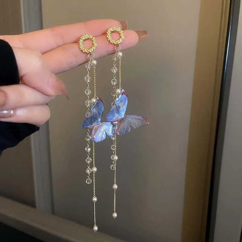 Dangle Chandelier Korean Blue Crystal Long Tassel Butterfly Drop Earrings for Women Fashion Elegant Pearl Flower Hanging Earrings Jewelry Party