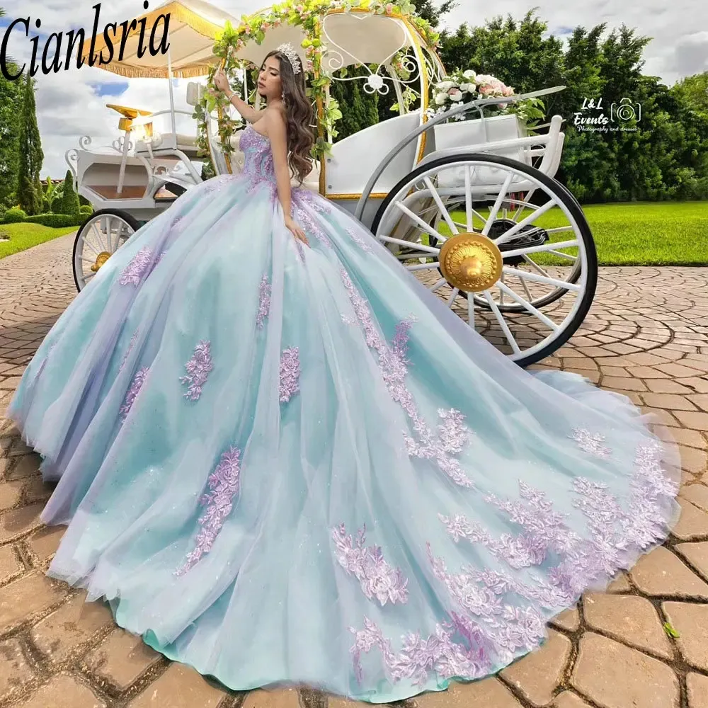 Light Blue Sweetheart Sleeveless Ball Gown Quinceanera Dresses With Pink Appliques Lace Corset Vestido De 15 Anos