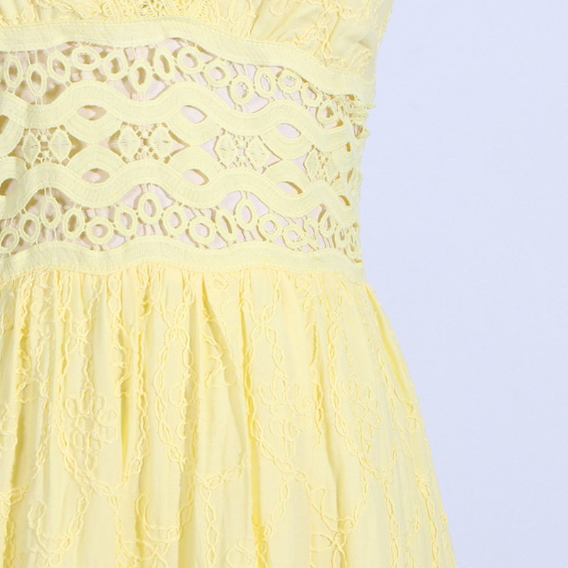 416 XL 2024 Milan Runway Dress SPring Summer Sleeveless Lace Embroidery Yellow Spaghetti Strap Skirt Womens Dress Fashion High Quality boka