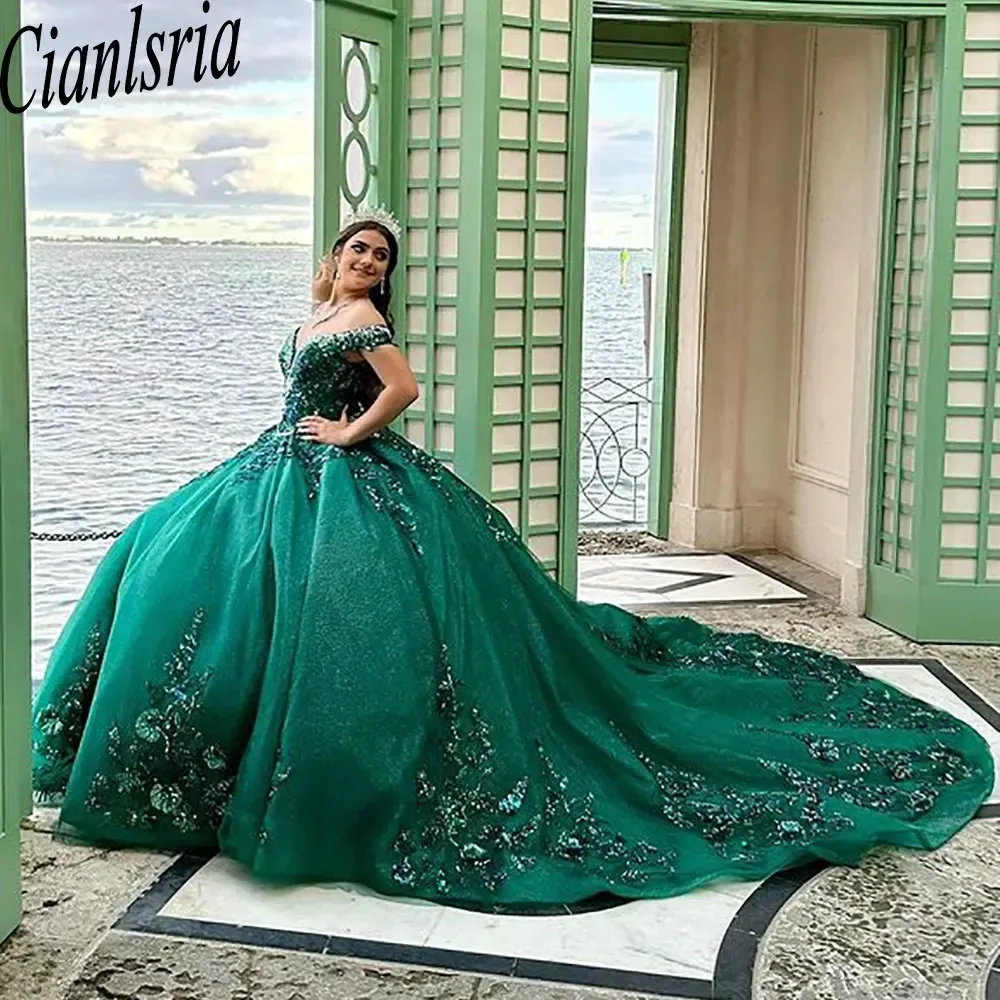 Emerald Green 3D Flowers Beading Crystal Quinceanera Dress Ball Gown Sequined Appliques Lace Princess Sweet 15 16 Birthday