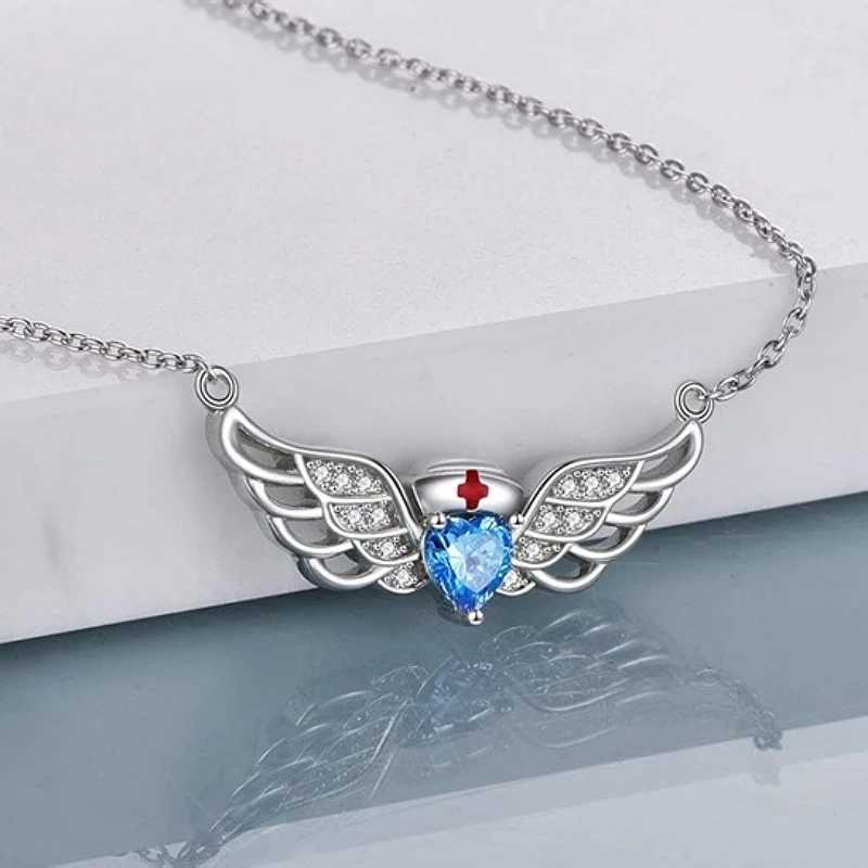 Colliers pendants exquis gardien blanc ange lady collier de bijoux bleu ange aile doctorat infirmière thème halloween de Noël cadeau de fête de Noël