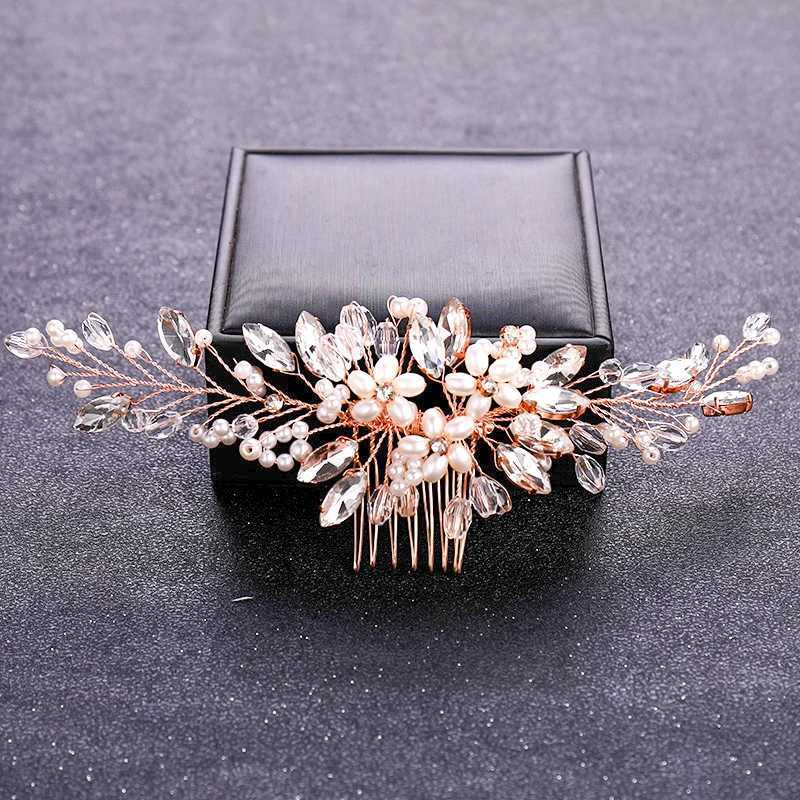 Wedding Hair Jewelry Rose Gold Color Crystal Pearl Flower Hair Comb Hairpin Headband For Women Bride Wedding Bridal Hair Accessories Jewelry Comb d240425