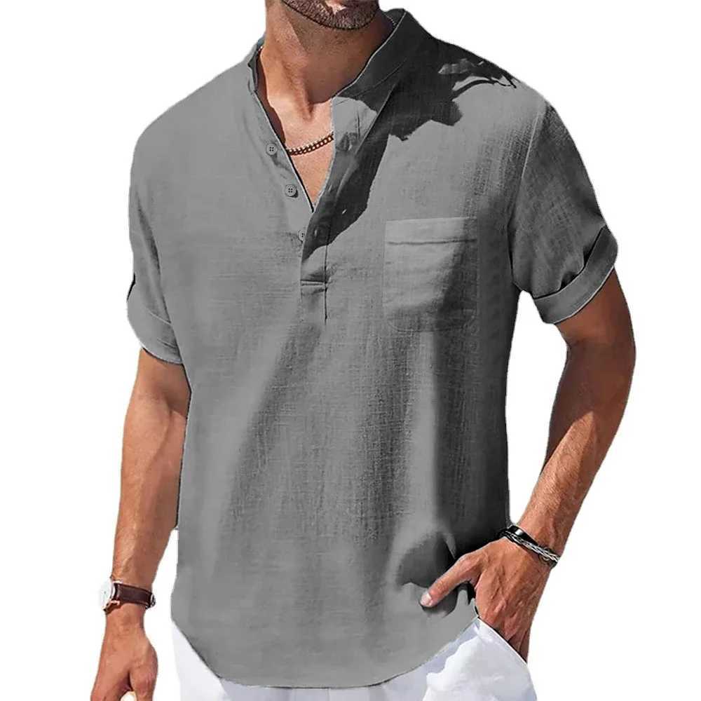 T-shirts masculins Summer New Mens Cotton and Linen Shirts T-shirt à manches courtes Henry Collar Mas Casual Mens T-shirts