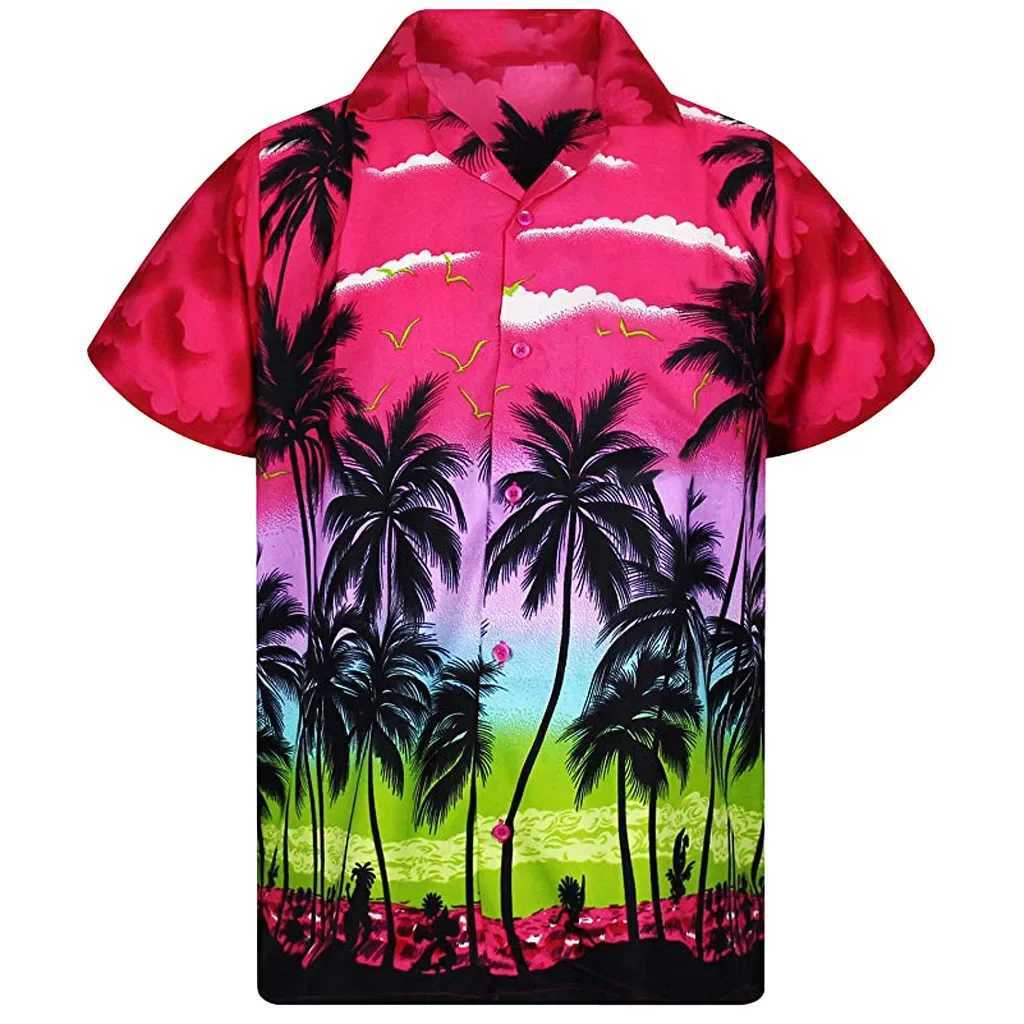 Men's Casual Shirts Summer Colorful coconut tree 3dPrinted Hawaiian Shirts Men Women Fashion Shirt Social Beach Short Sleeve Mens Aloha Vocation 240424