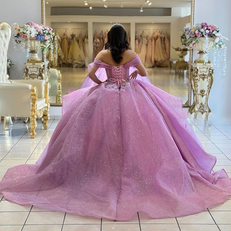 Purple Sequins Off The Shoulder Quinceanera Ball Gown Elegant Appliques Lace Tull Prom Dresses Luxury Sweet 16 Dress Vestidos 15 De