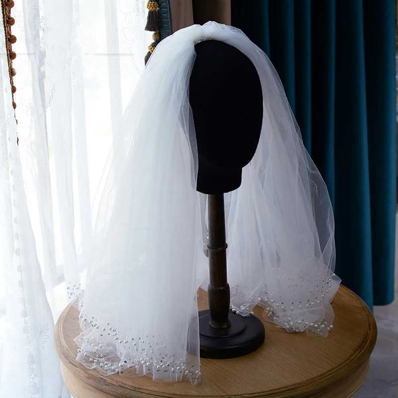 Wedding Hair Jewelry 2T Pearls Wedding Veil Short Beaded Edge Bridal Veils Two Layer Bride Veils Wholesale Price