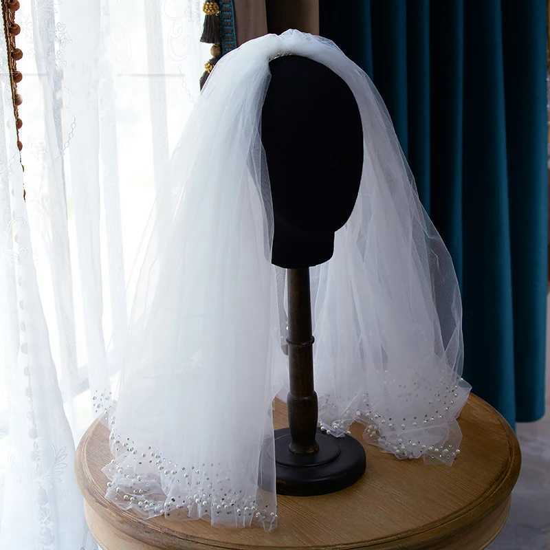 Gioielli capelli da sposa 2t perle veli da sposa corta con perline bordo velo da sposa a due strati sposa prezzo all'ingrosso