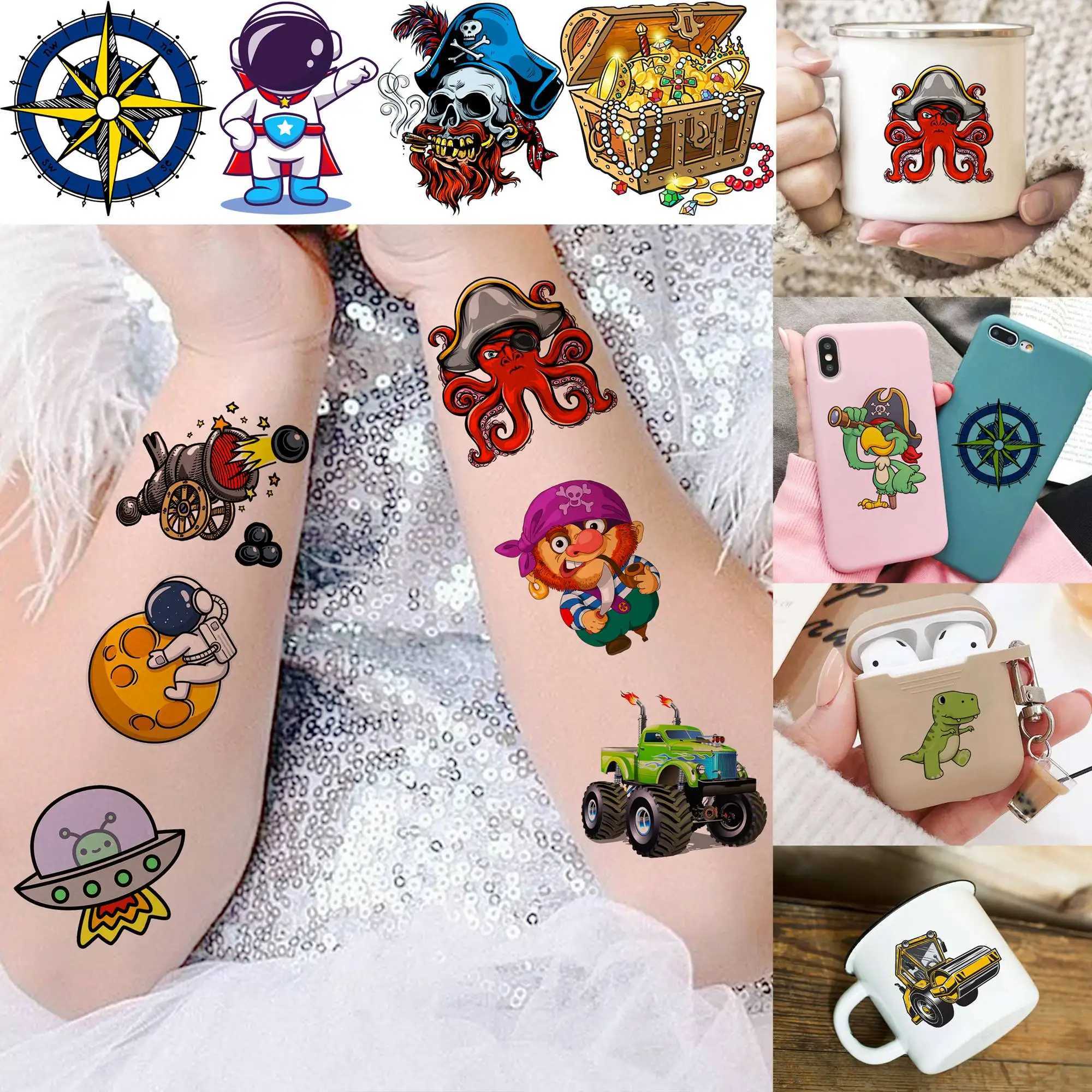 Tattoo -overdracht 3D Cartoon Tijdelijke tatoeages voor kinderen Volwassenen Party Fake Tattoo Dinosaur Space Pirate Construction Car Flash Tatoos Small 240427