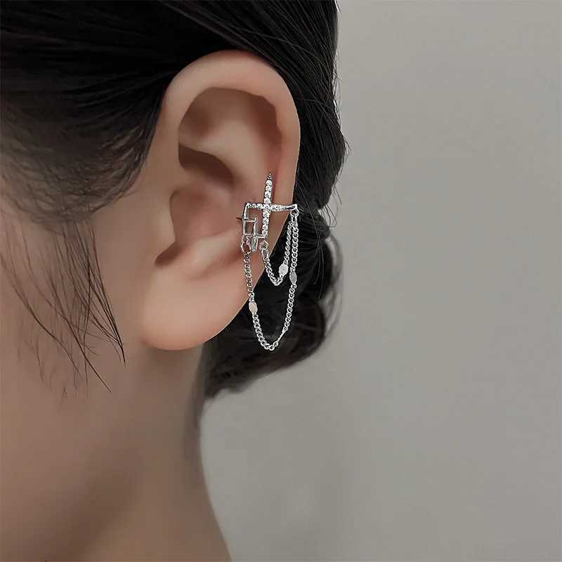 Charm Punk Rock Vintage Zircon Star Chain Tassel Clip Earrings For Women Unisex Minimalist Fake Piercing Earbone Ear Cuff Jewelry