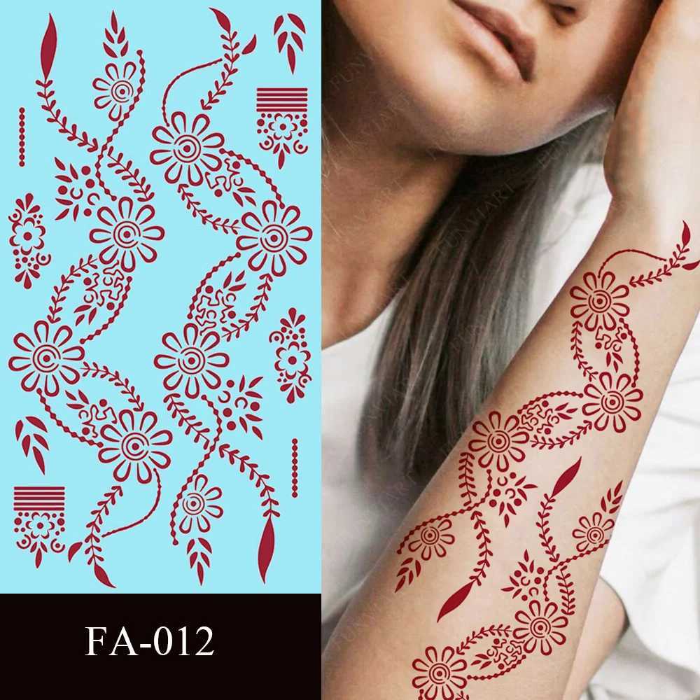 Tatuagem Transferência de tatuagem Maroon Henna Tattoo Stickers Tatuagens temporárias à prova d'água para o corpo da mão mehndi Tatoo falso para mulheres conjunto de tatuagens de flores 240426