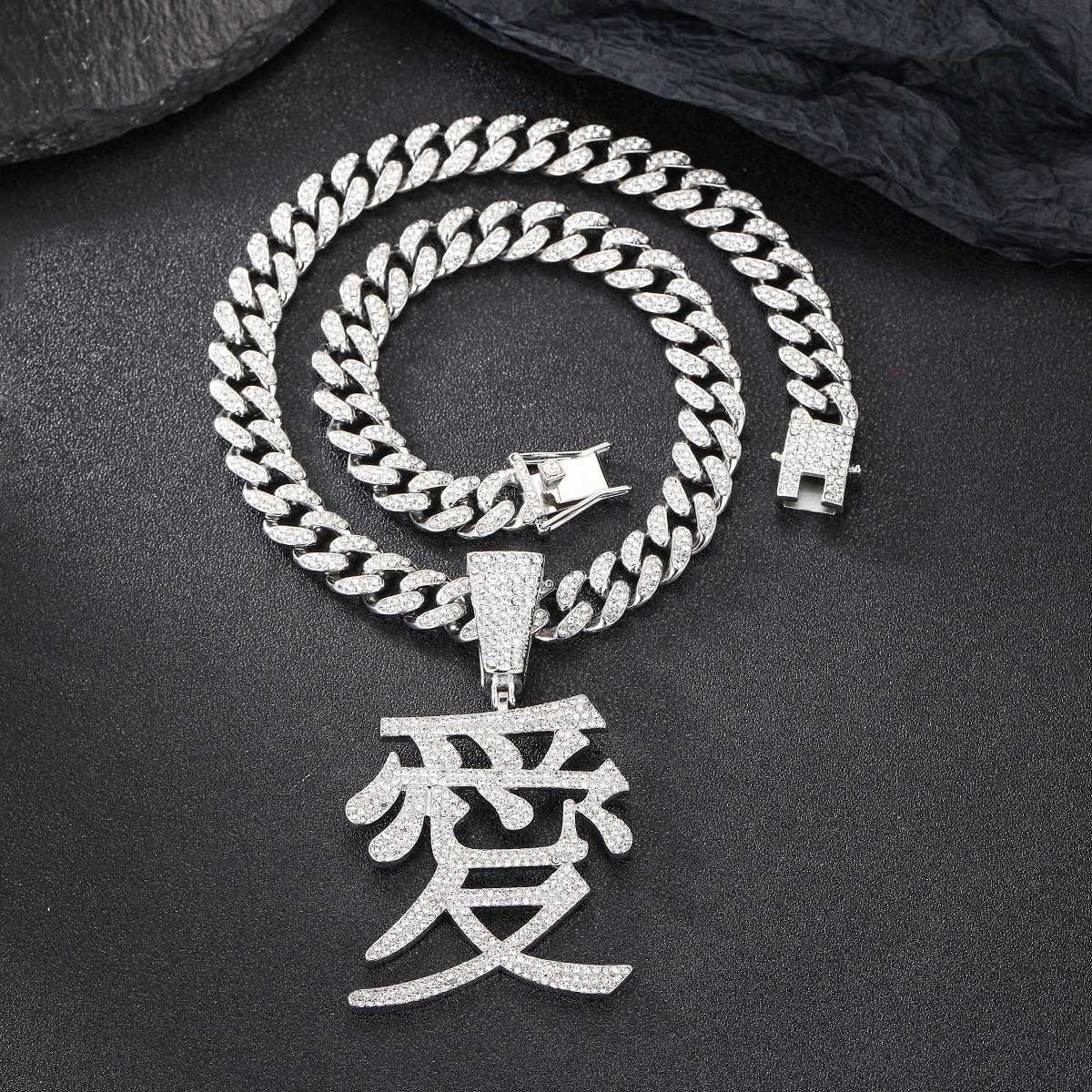 Strands Chinese Character Love Pendant Iced out 13MM Cuban Chain Hip Hop Fashion Jewelry 240424