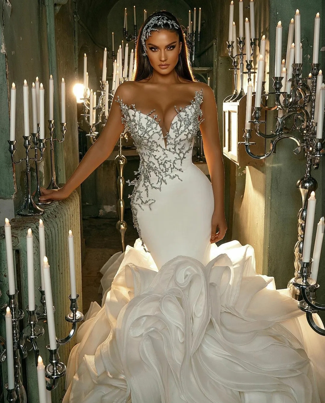 Luxe zeemeermin bruiloft jurk gelaagde ruches lange trein kralen bruidsjurken Saoedi -Arabische luxe vestido de novia