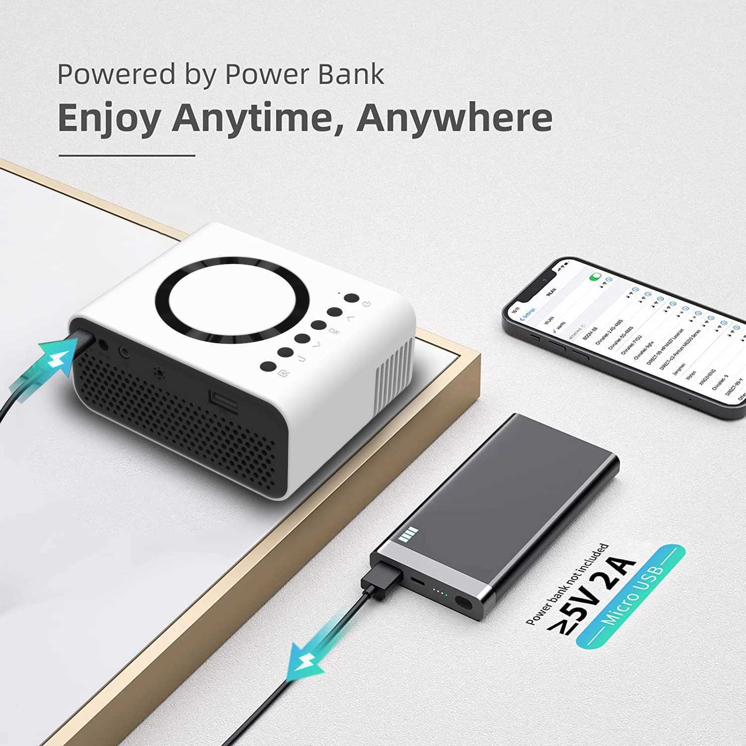 Projectoren YT300 aangedreven door Power Bank Portable Living Room hetzelfde scherm mobiele telefoon slaapkamer thuistheater high-definition projector