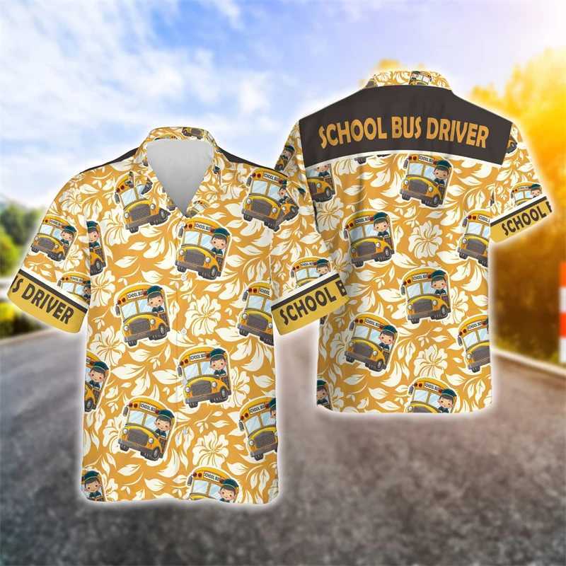 メンズカジュアルシャツスクールバス3Dプリントシャツのための衣服漫画車ドライバーグラフィックビーチシャツ面白いギフトアロハラペルブラウストップ240424