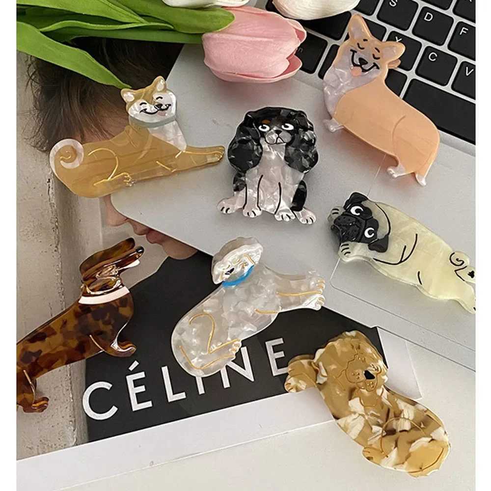 Klämmor YHJ Cartoon Animal Acetate Claws Clips Cute Pet Dog Crab Hair Clip for Girl Hairpin Hair Clip Claw Hair Accessories for Women Y240425