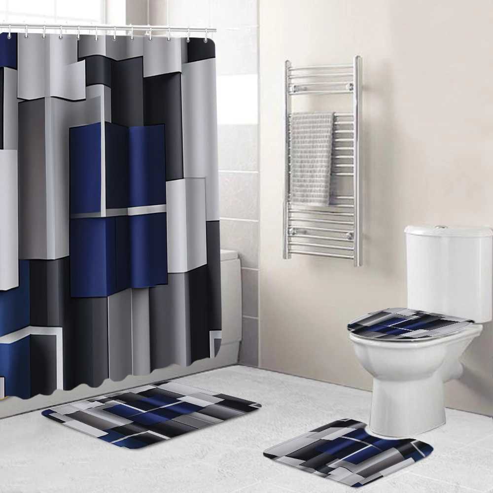 Shower Curtains Modern Bathroom Shower Curtain Waterproof Home 3D Carpet Entrance Doormat Set Toilet Seat Cover Rug Bath Non-Slip Floor Mat