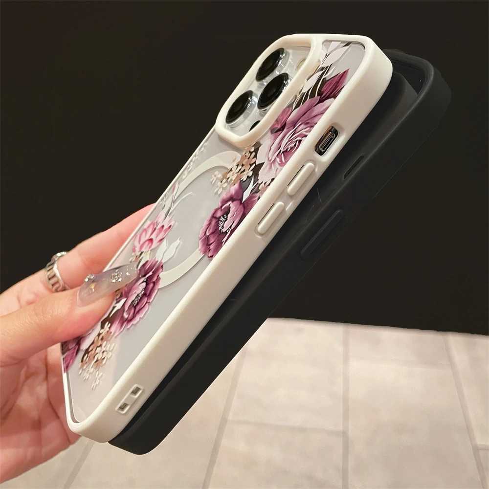 Mobiltelefonfodral lyx Retro Floral Magnetic Magsafe Wireless Charging Case Lämplig för iPhone 15 11 13 14 Pro med maximal transparent chockabsorbering J240426