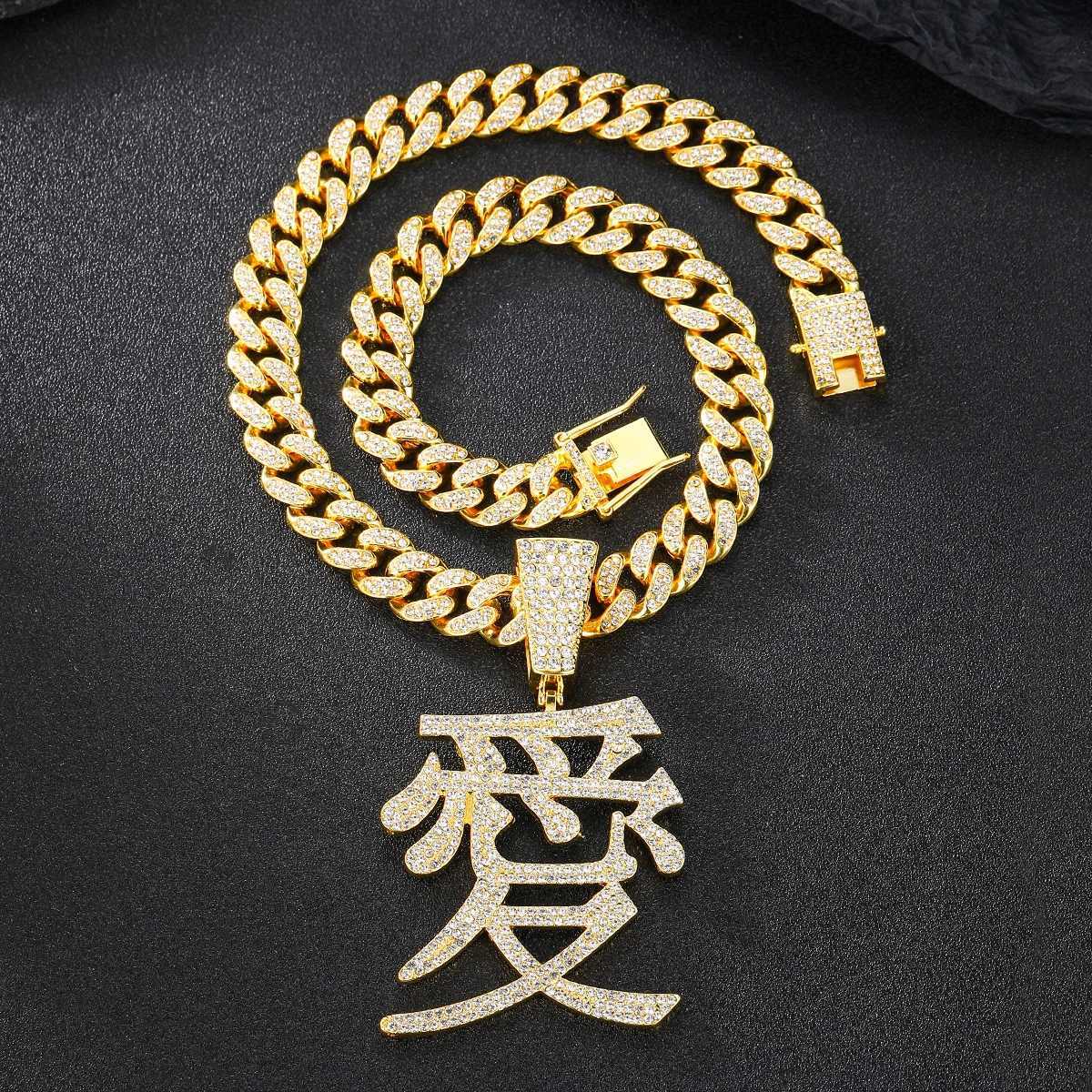 Strands Chinese Character Love Pendant Iced out 13MM Cuban Chain Hip Hop Fashion Jewelry 240424