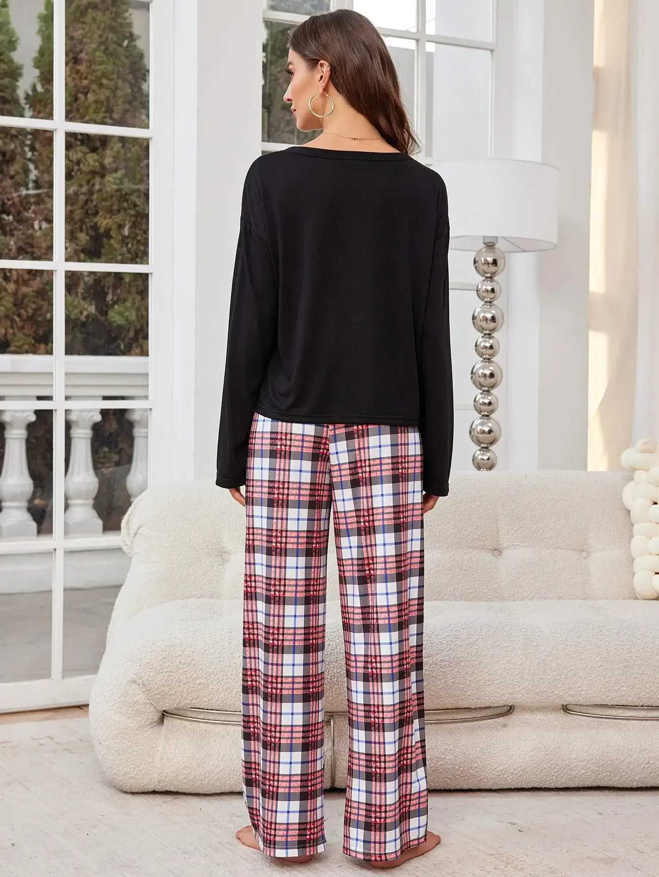 Women's Sleepwear Front Button Women Pajama Sets Long Slves Screw Neck Top Full-Length Plaid Pants Female Slpwear For Spring Fall Y240426