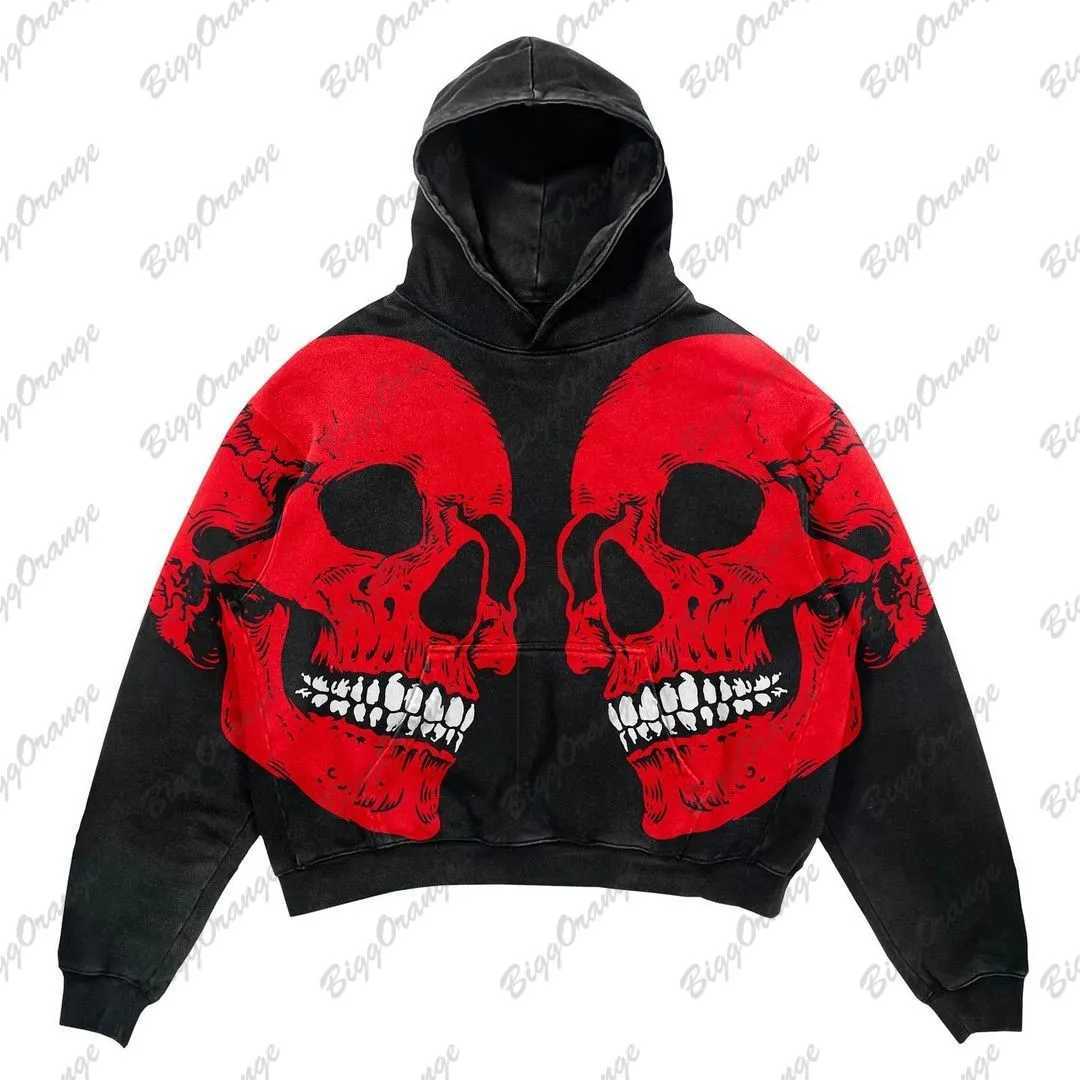 Felpa con cappuccio da uomo Y2K New Dark Oversalize Dark oversize Skull Stampa High Strt Hip-Hop Retro Design Coat ispessito Sudaderas Para Mujer Harajuku H240425