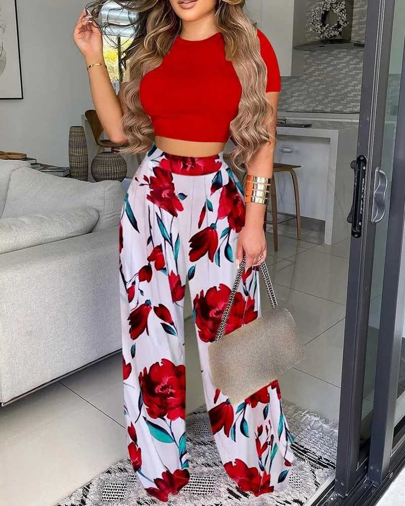 Women's Two Piece Pants Summer Two Piece Set Women Fashion Casual Round Neck Print Short Tshirt Wide-leg Pants Suit Beach Style Two Piece Set Women Y240426
