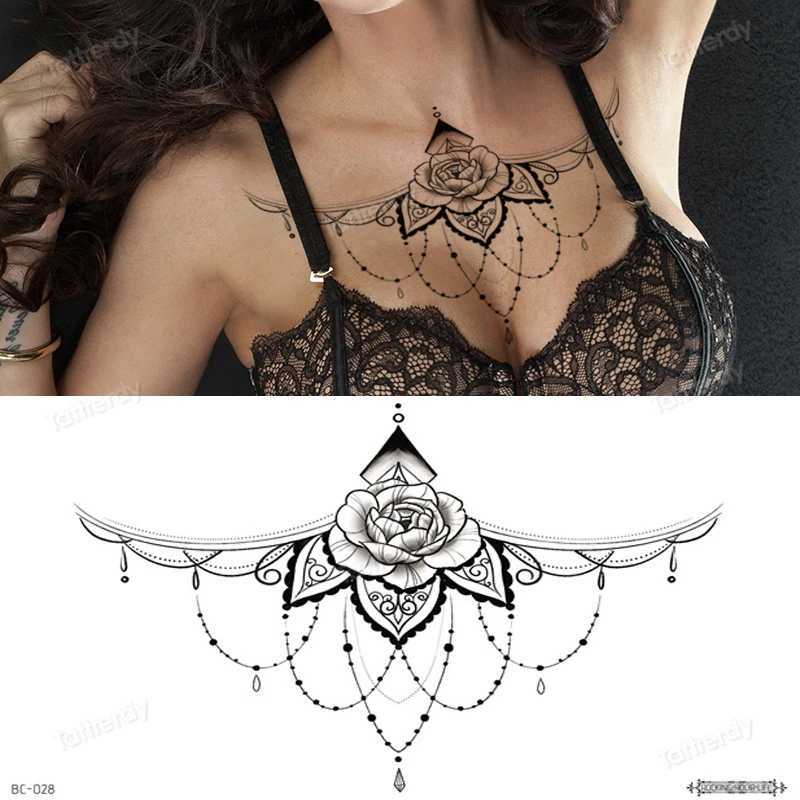 Tattoo Transfer Body Jewel adesivo grande tatuagens temporárias Black Henna Lace Sternum Tattoo Flores aquáticas do peito Rosa Rosa Padrão Mandala 240426