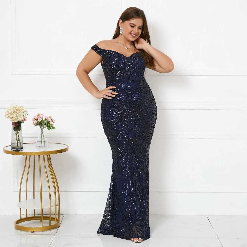 Runway Dresses Plus Size Women Off Shoulder Navy Blue Sequin Evening Dress Elegant Boat Neck Party Maxi Dress Long Prom Dress Y240426