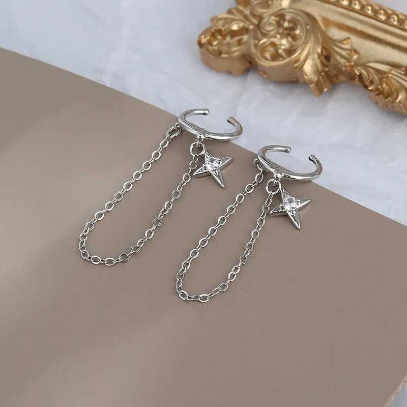 Charm Fashion Four Pointed Stars Clip Earrings Personality Metal Chain Long Tassel Cartilage Clips No Pierced Ear Cuff Jewelry