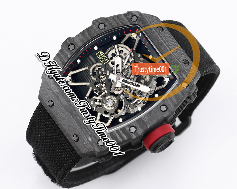 BBR 35-01 RMUL3 Mechanische handwindende herenwisseling NTPT Koolstofvezelkast Skelet wijzerplaat Red gevlochten Nylon Strap Super Edition Sport TrustyTime001 horloges HOMBRE