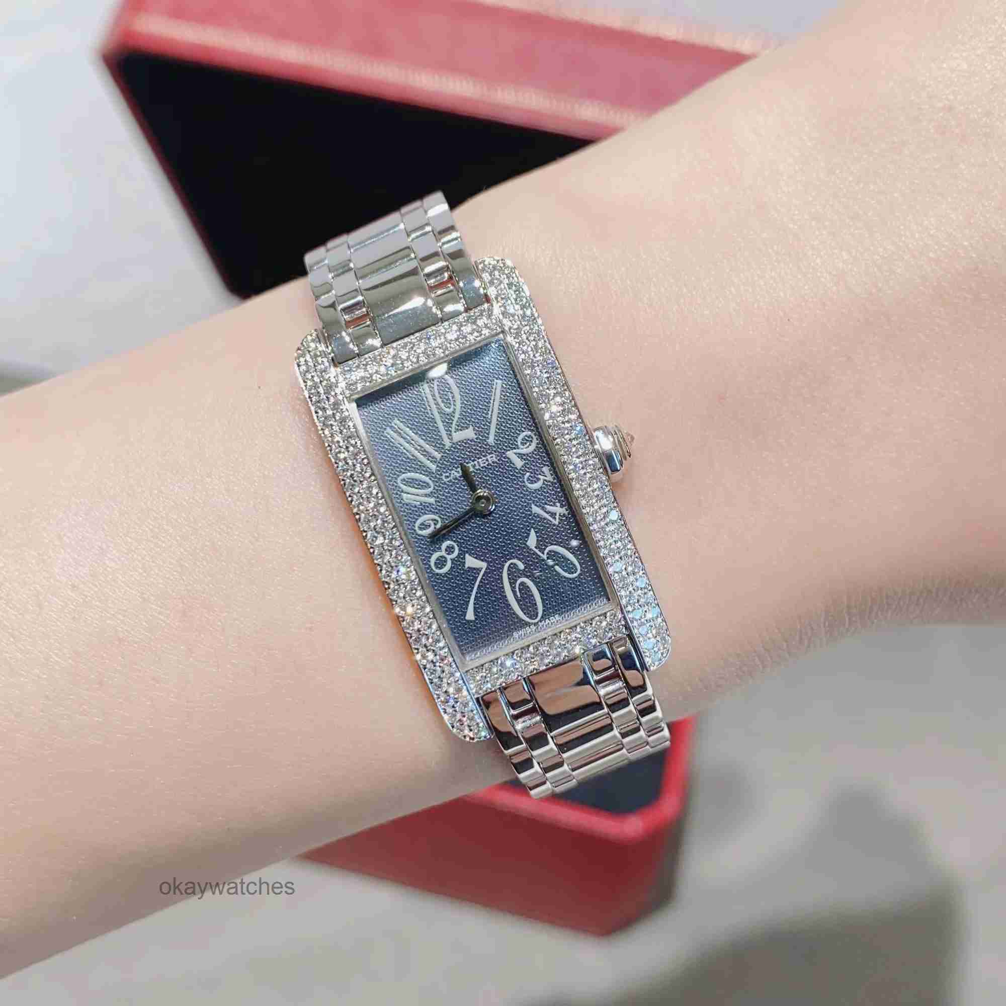 Cadran travaillant des montres automatiques Carter Tank 18K Platinum Back -set Diamond Grey Faced Rectangular Quartz Womens Watch