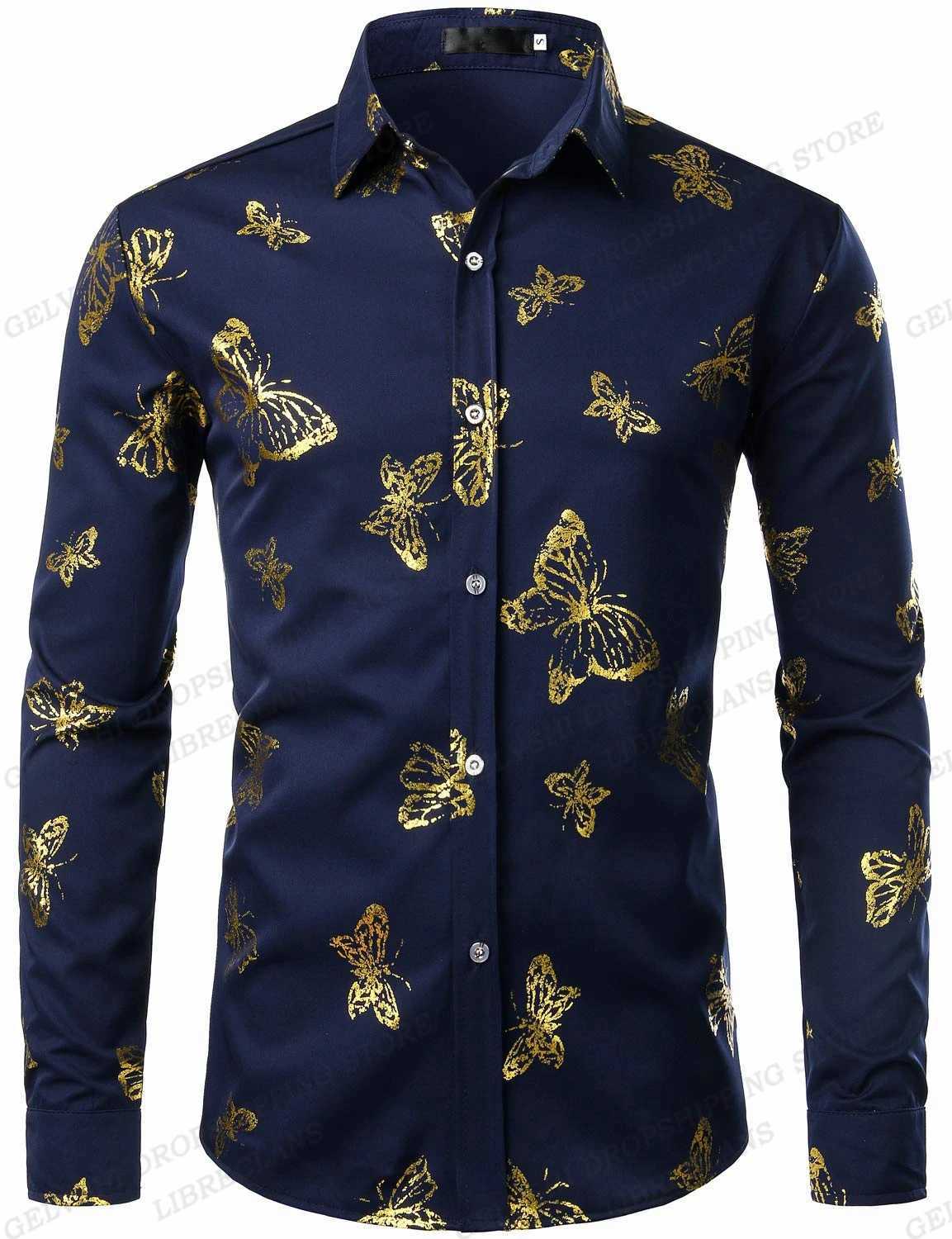 Casual shirts voor heren met lange mouwen Hawaiiaanse shirts gouden bloemen shirts mannen mode shirt casual strand blouse bussiness camisa heren kleding knop omhoog 240424