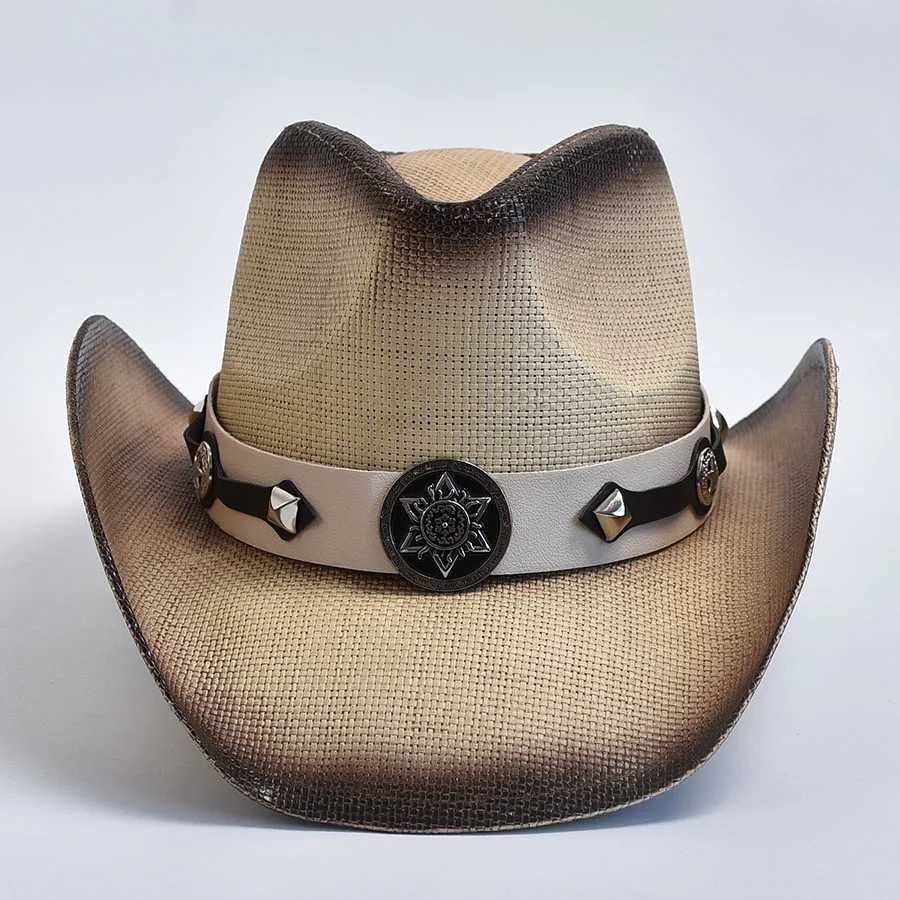 Szerokie czapki krawędzi czapki czapki w stylu zachodni słomy czapki dla mężczyzn Summer Beach Sun Hat Vintage Cowgirl Jazz Hat Sombrero Hombre Y240425