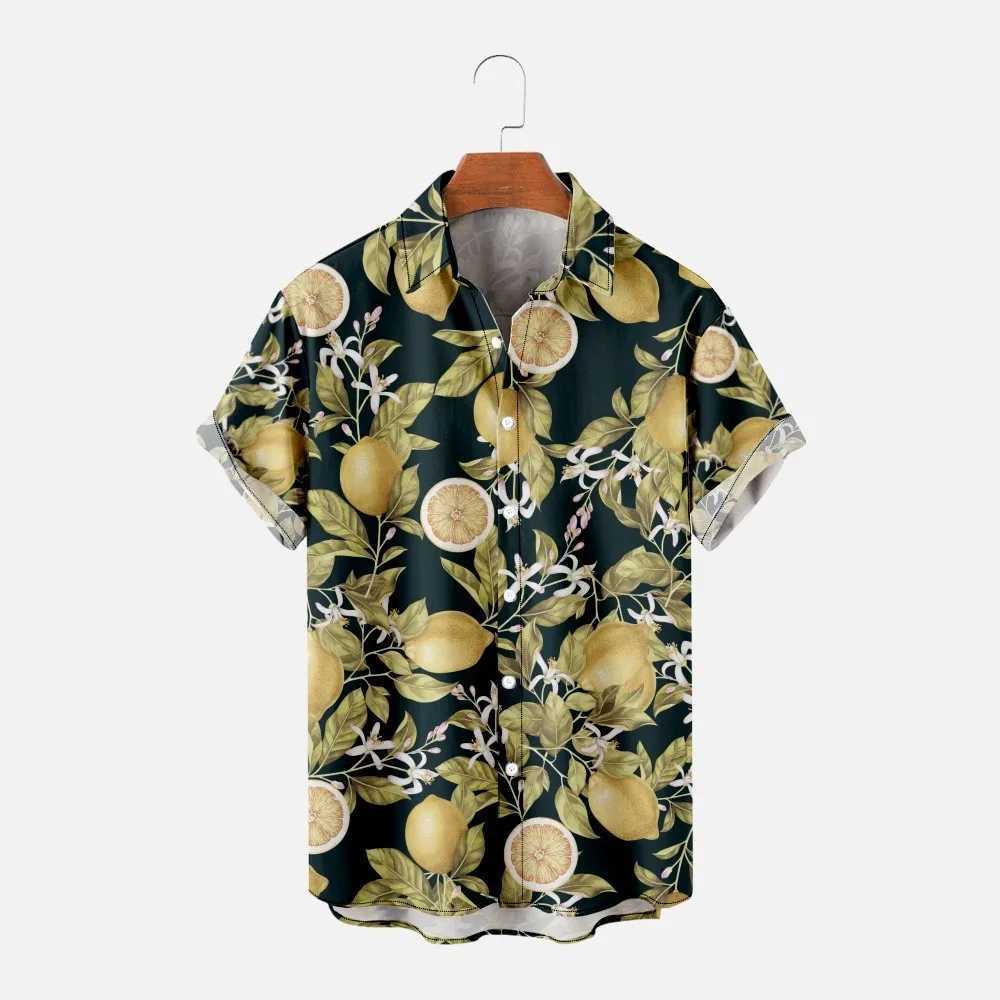 Men's Casual Shirts Chinese Style Lemon Print Short Sleeve Shirt Harajuku Streetwear Men Hawaiian Summer Hip Hop Button Up Beach Shirt 240424