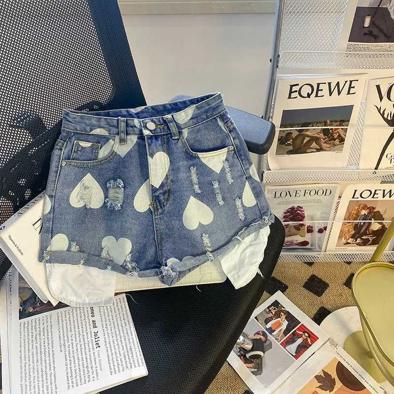 Dames shorts blauw hoge taille liefdespatroon krullen een woord denim shorts vrouwen zomer 2024 nieuwe los brede poten gat y2k shorts y240425