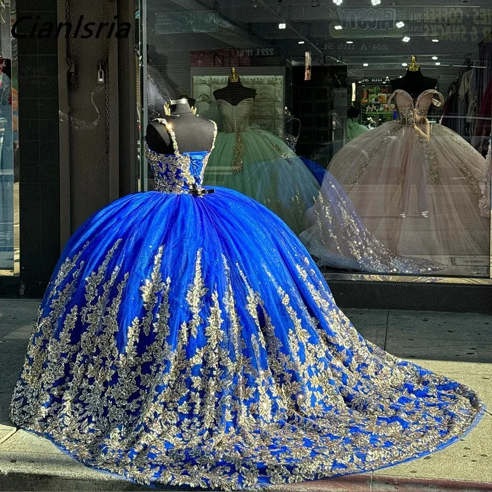 Royal Blue Off the Spalla Abito da ballo Quinceanera Abiti Gold Appliques Corset Lace Vestidos de 15 Anos