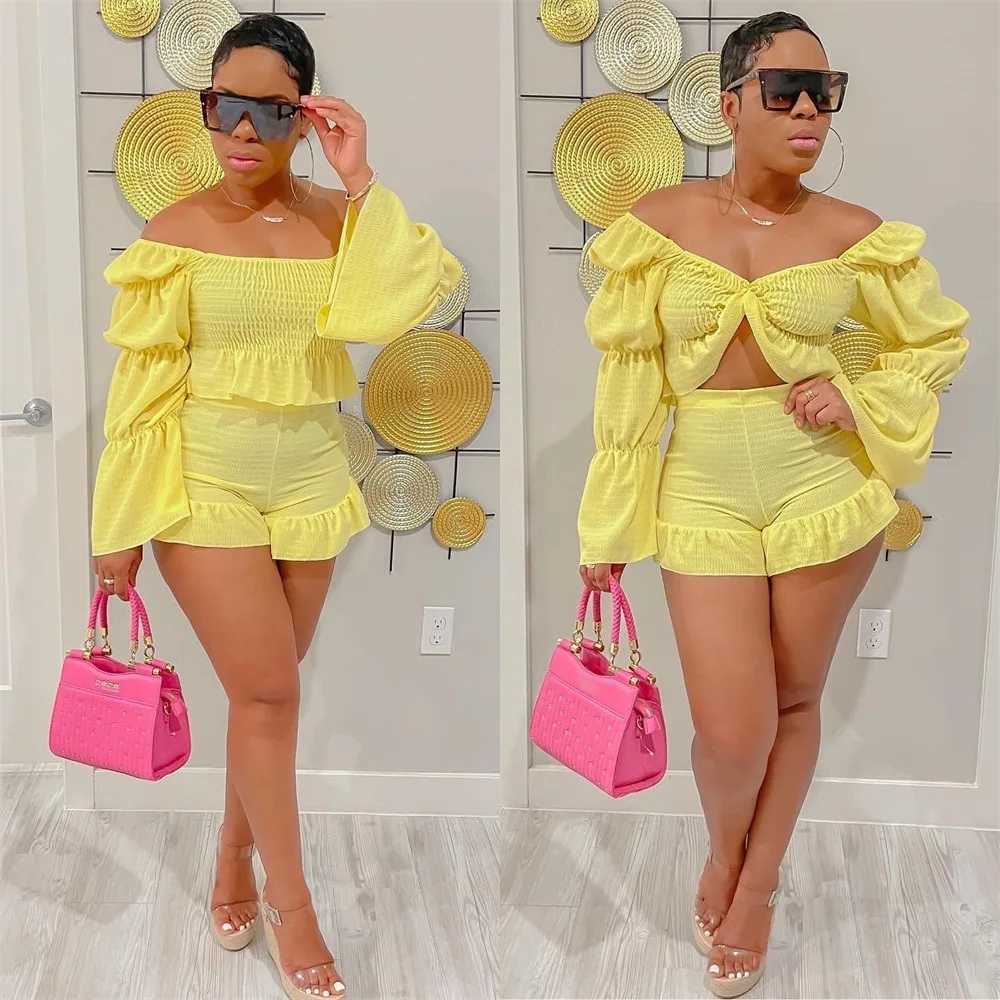 Women's Two Piece Pants Summer Sexy Ruffle Two Piece Set Women Fashion Solid Holiday Style Elastic Puff Slve Shirt Shorts Two Piece Set Women Y240426