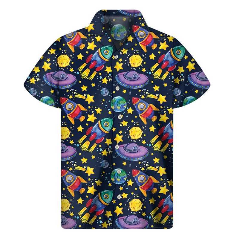 Lznl Men's Casual Shirts Cartoon Rocket Stars 3D Printed Shirt Men Summer Semester Loose Shorte Hawaiian Tee Shirts Button Lapel Aloha Blue 240424