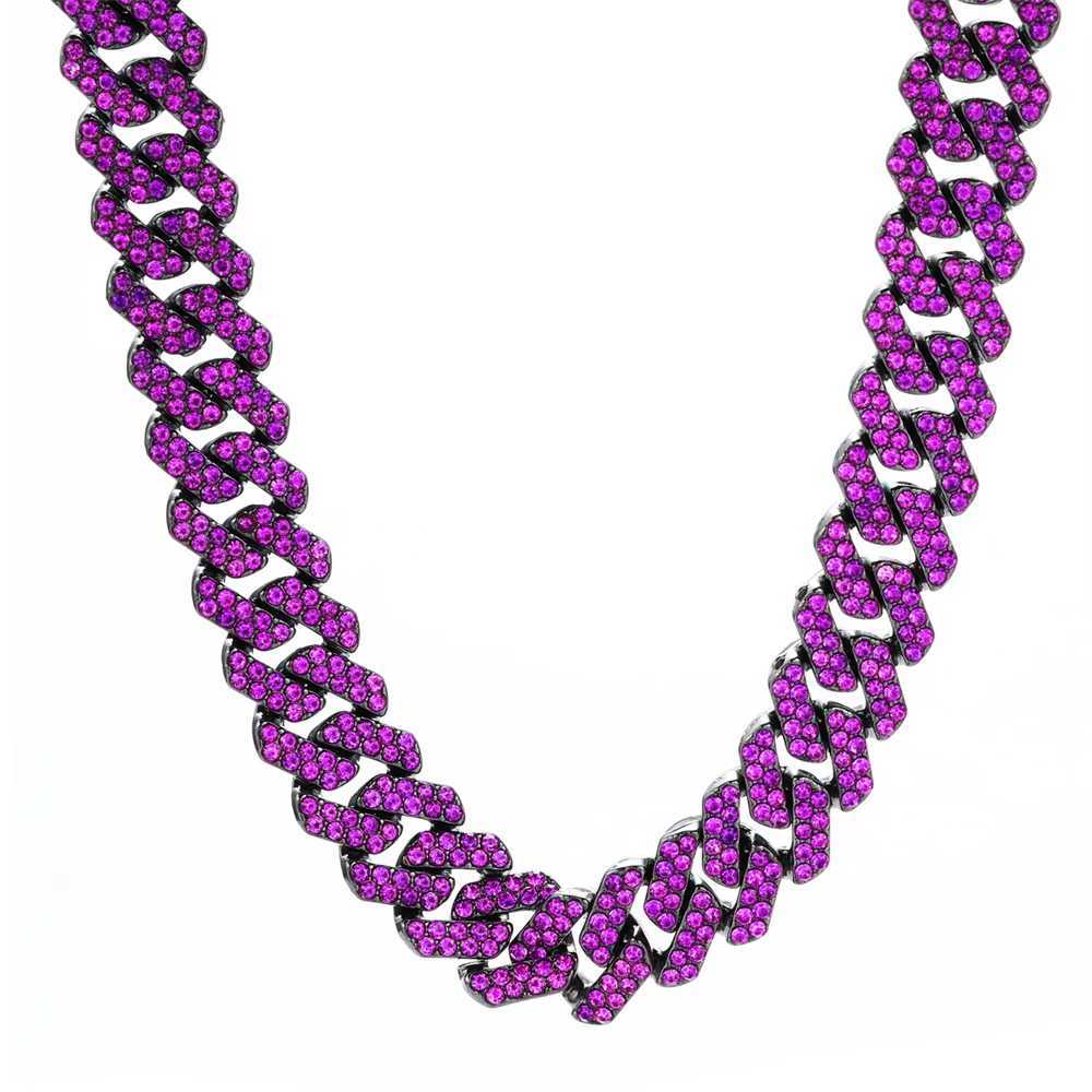Strängar 12mm Diamond Prong Cuban Link Chain med 2 rader med Purple Ice Out Rhinestone Rapper -halsband för män och kvinnor som kvävar smycken Armband 240424