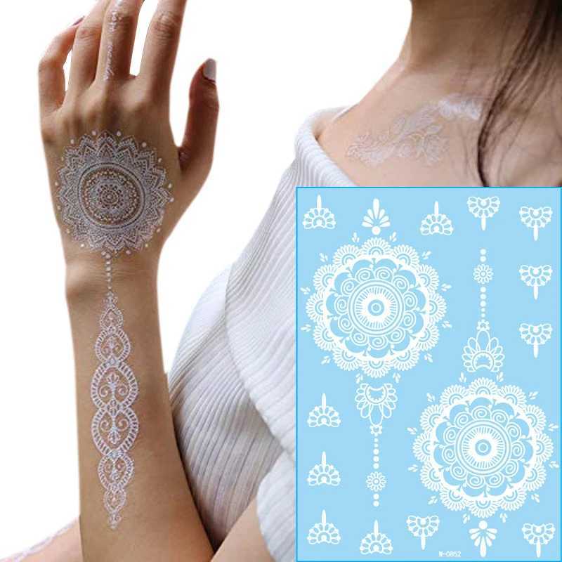 Yoyq Tattoo Transfer White Lace Henna Flash Tattoo Butterfly Feather Fake Temporary Indian Tattoo Stickers Summer Style Body Art Beauty Jewelry 240426