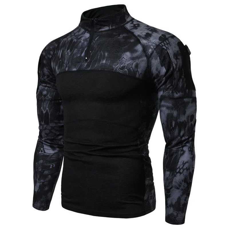 Taktiska T-shirts Mens Camouflage Long Sleeved T-shirt Slim Fit Casual dragkedja Stand Up Collar Elastic Outdoor Fitness Shirt Militär Taktisk skjorta 240426