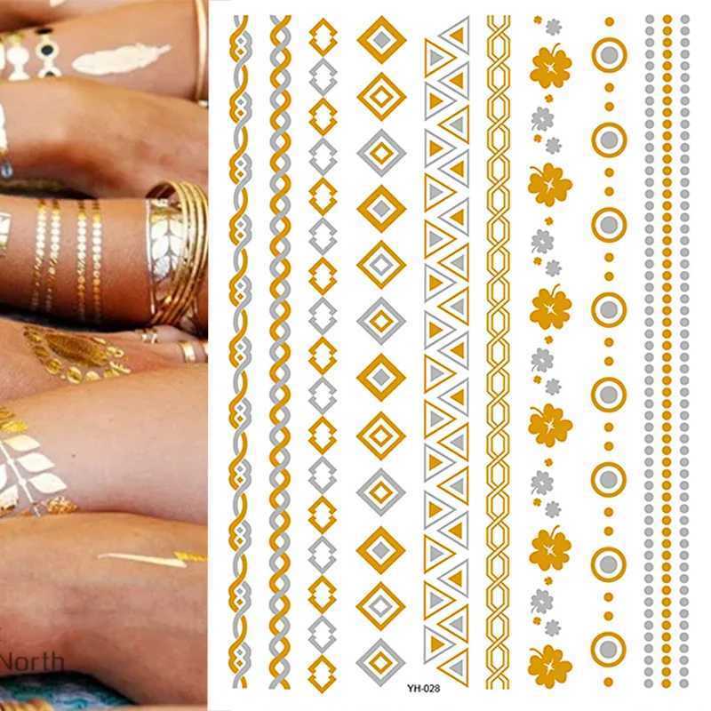 Transfert de tatouage tatouages temporaires Gold Silver Metallic Tatoo Tatoo Body Tattoo Bracelet Cool Style Girl Diy Golden Flash Tatouos 240427